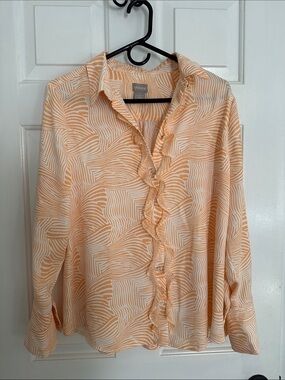 Chico's Peach and Cream Ruffle-Front Button Down Blouse